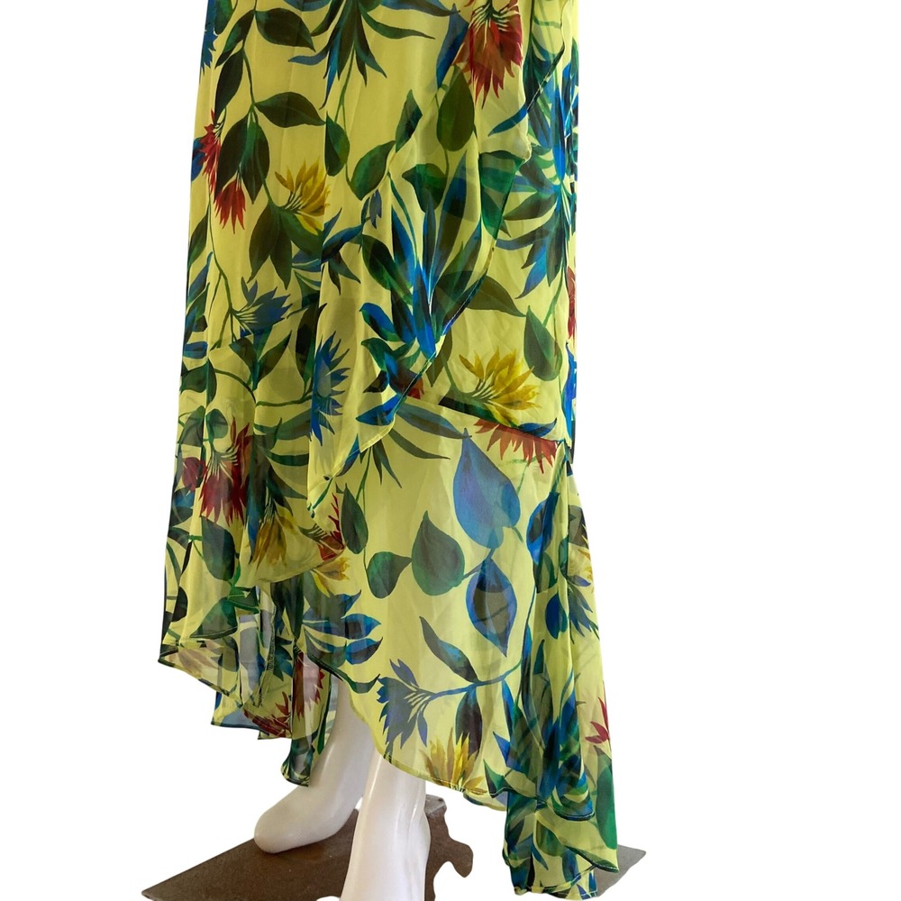 Taylor Lime Green Floral Chiffon Faux Wrap Maxi Dress Sz 14 Tropical Ruffle Hem - Picture 3 of 8
